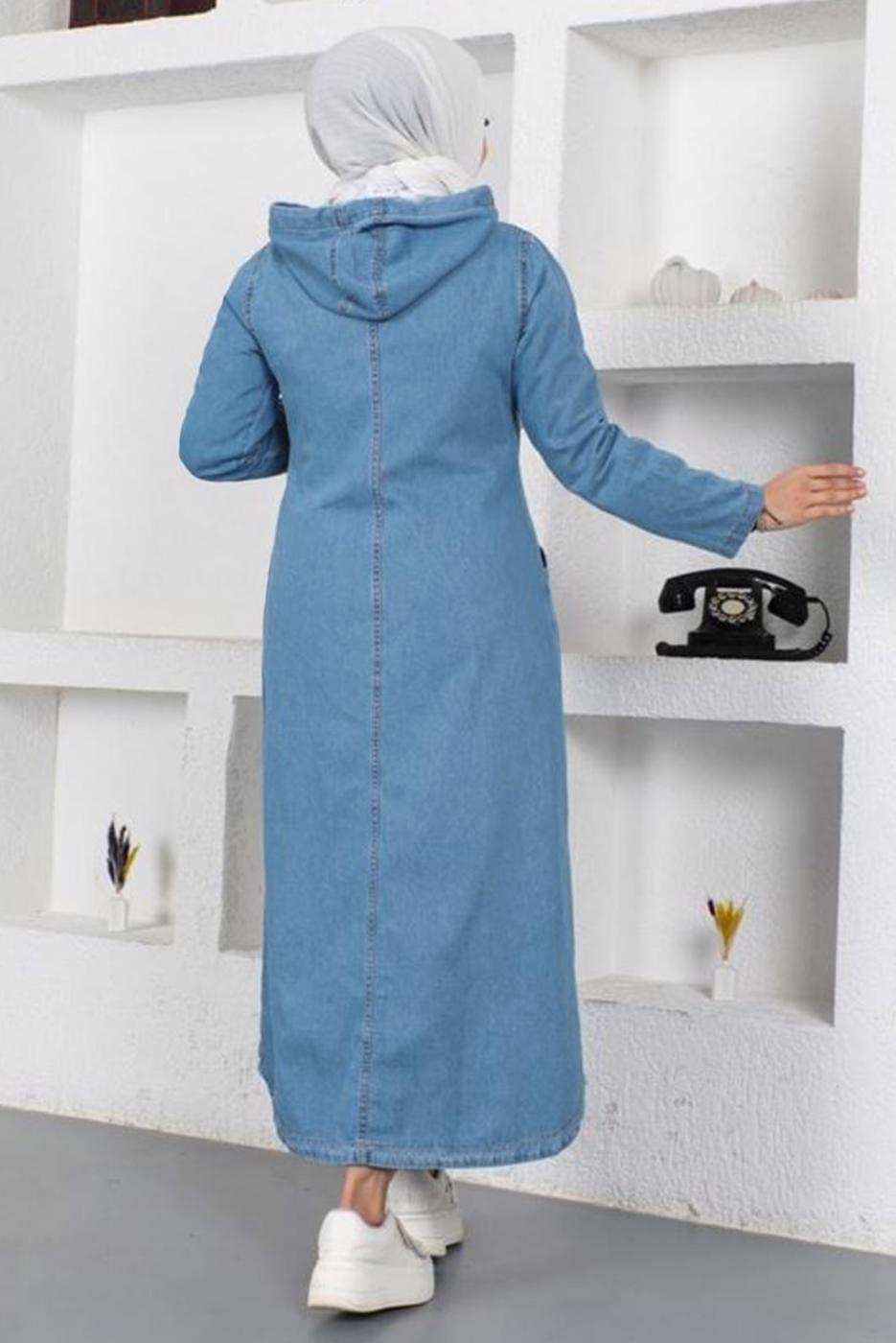 Vêtements hijab BLEU TRENCH-COAT EN DENIM À CAPUCHE AVEC POCHE T 1087
