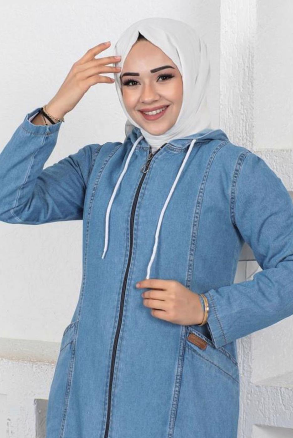 Vêtements hijab BLEU TRENCH-COAT EN DENIM À CAPUCHE AVEC POCHE T 1087