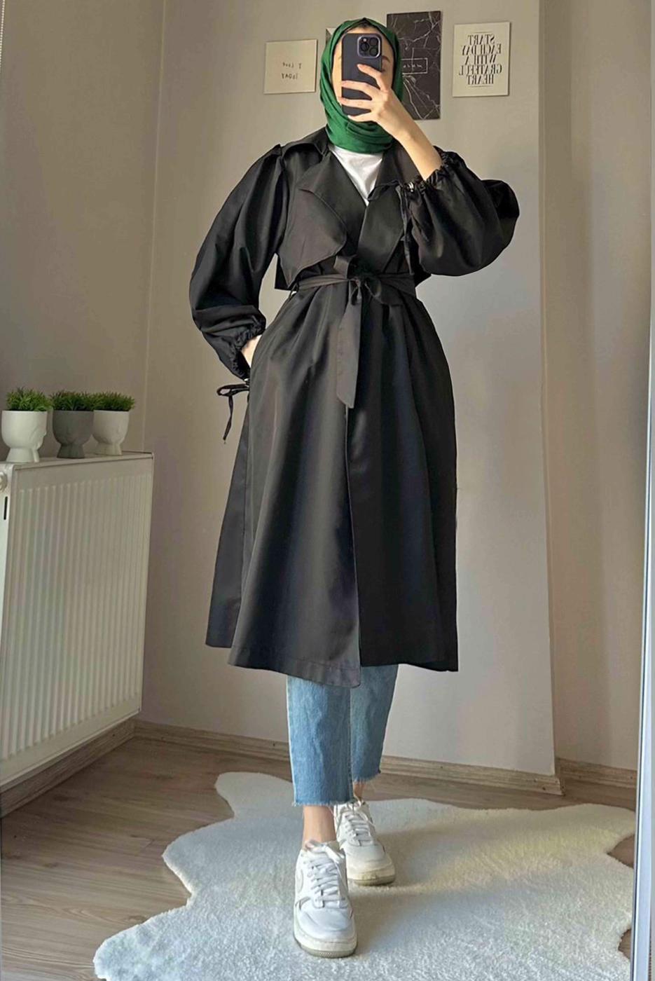 Tesettür giyim SİYAH MANŞETLERİ BÜZGÜLÜ CEPLİ KUŞAKLI KAP T 19380