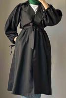 Tesettür giyim SİYAH MANŞETLERİ BÜZGÜLÜ CEPLİ KUŞAKLI KAP T 19380