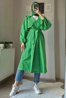 Tesettür giyim YEŞİL MANŞETLERİ BÜZGÜLÜ CEPLİ KUŞAKLI KAP T 19380