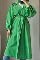 Tesettür giyim YEŞİL MANŞETLERİ BÜZGÜLÜ CEPLİ KUŞAKLI KAP T 19380