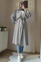 Tesettür giyim GRİ MANŞETLERİ BÜZGÜLÜ CEPLİ KUŞAKLI KAP T 19380