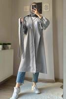 Tesettür giyim GRİ MANŞETLERİ BÜZGÜLÜ CEPLİ KUŞAKLI KAP T 19380