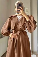 Tesettür giyim TABA MANŞETLERİ BÜZGÜLÜ CEPLİ KUŞAKLI KAP T 19380