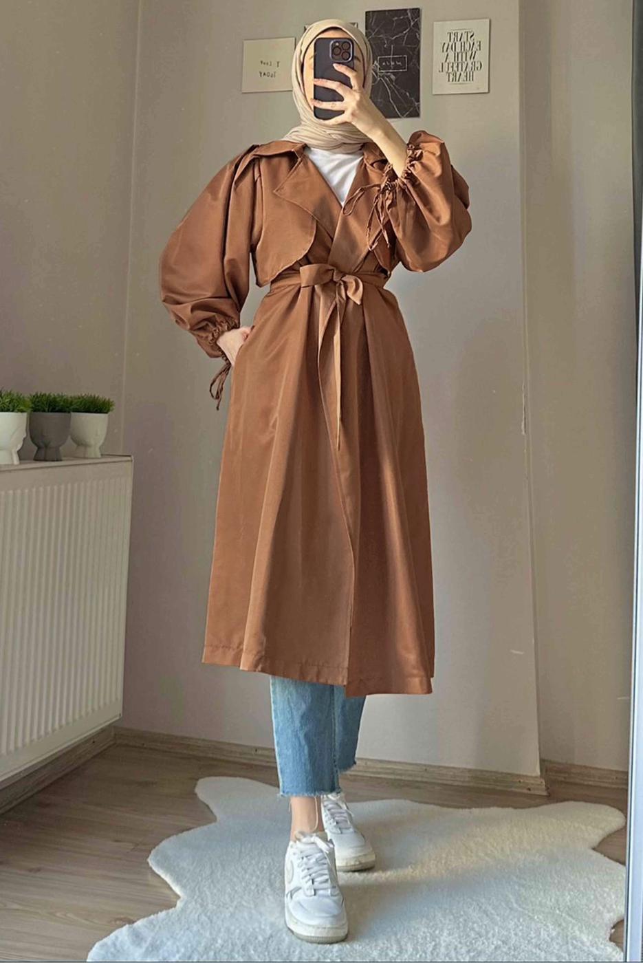 Tesettür giyim TABA MANŞETLERİ BÜZGÜLÜ CEPLİ KUŞAKLI KAP T 19380