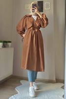 Tesettür giyim TABA MANŞETLERİ BÜZGÜLÜ CEPLİ KUŞAKLI KAP T 19380