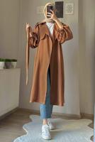 Tesettür giyim TABA MANŞETLERİ BÜZGÜLÜ CEPLİ KUŞAKLI KAP T 19380