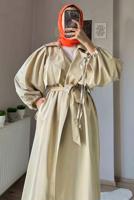 Tesettür giyim BEJ MANŞETLERİ BÜZGÜLÜ CEPLİ KUŞAKLI KAP T 19380