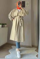 Tesettür giyim BEJ MANŞETLERİ BÜZGÜLÜ CEPLİ KUŞAKLI KAP T 19380