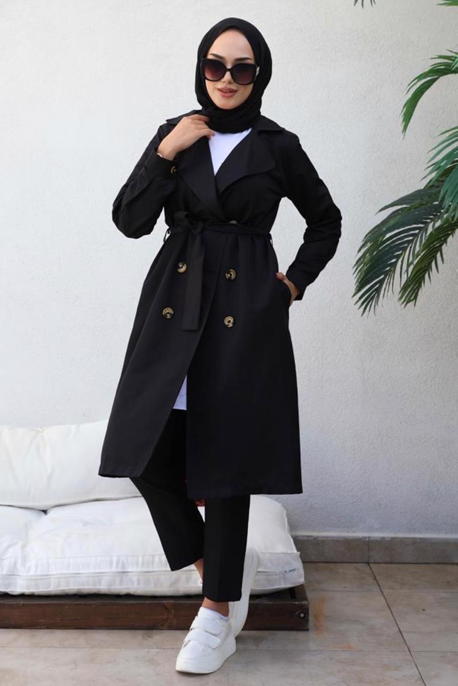 Vêtements hijab NOIR TRENCH AVEC CEINTURE T 3585