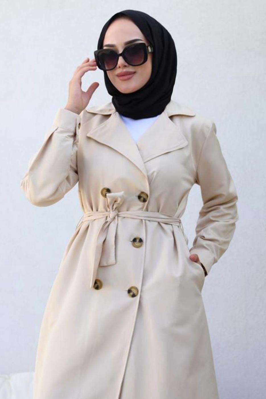 Tesettür giyim BEJ KRUVAZE YAKA KUŞAKLI TRENÇKOT T 3585