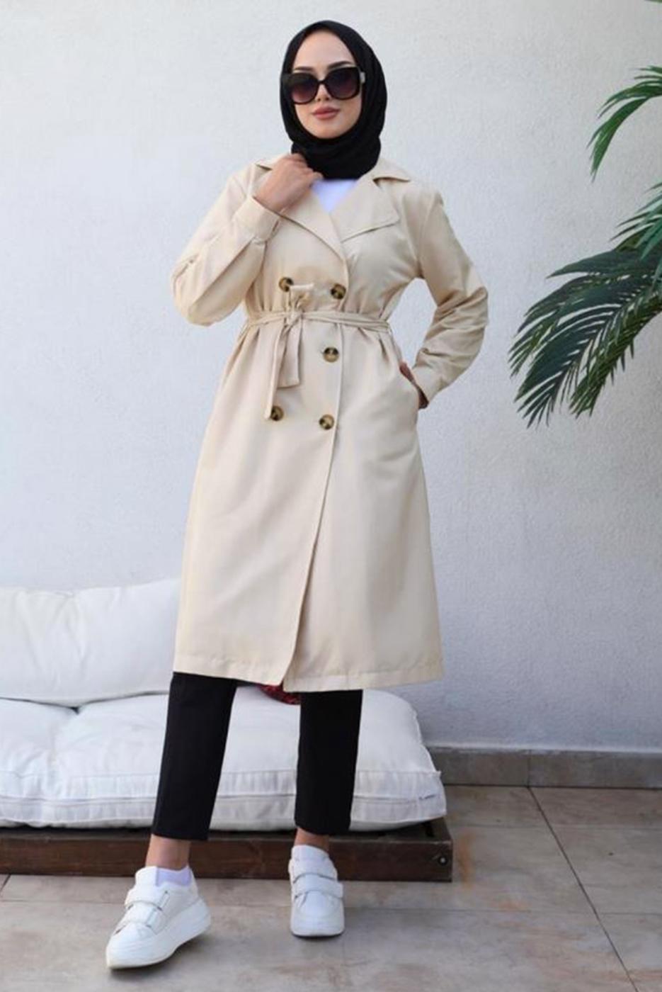Tesettür giyim BEJ KRUVAZE YAKA KUŞAKLI TRENÇKOT T 3585