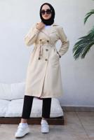 Tesettür giyim BEJ KRUVAZE YAKA KUŞAKLI TRENÇKOT T 3585