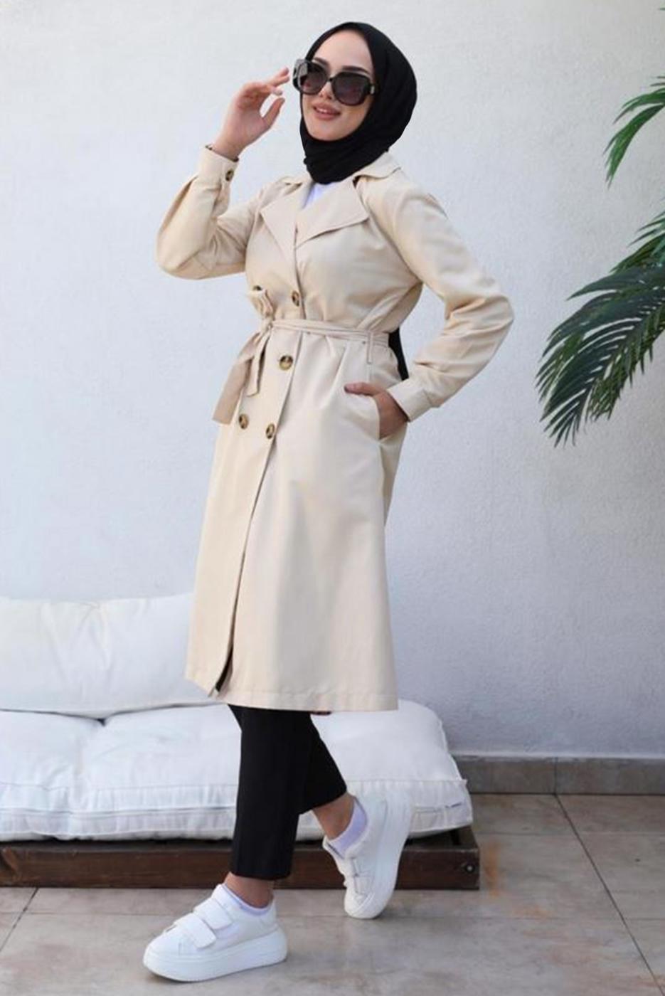 Tesettür giyim BEJ KRUVAZE YAKA KUŞAKLI TRENÇKOT T 3585