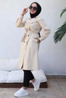 Tesettür giyim BEJ KRUVAZE YAKA KUŞAKLI TRENÇKOT T 3585