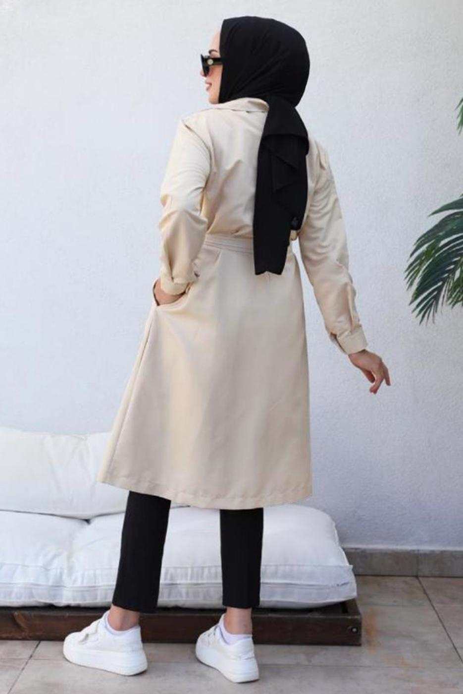 Tesettür giyim BEJ KRUVAZE YAKA KUŞAKLI TRENÇKOT T 3585