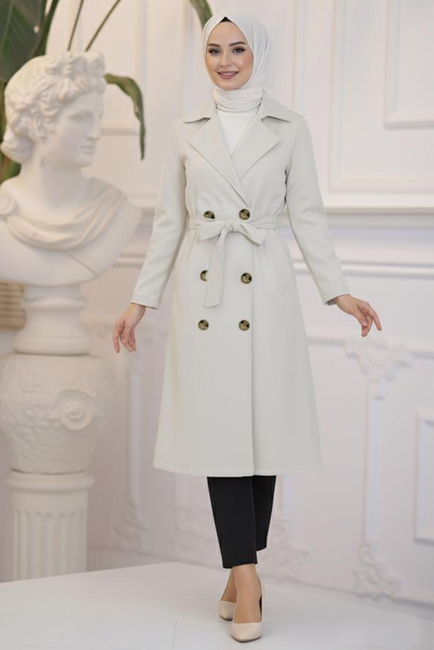 Tesettür giyim BEJ KRUVAZE YAKA KUŞAKLI TRENÇKOT T 3585 - TRENDTESETTÜR