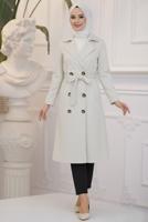 Tesettür giyim BEJ KRUVAZE YAKA KUŞAKLI TRENÇKOT T 3585