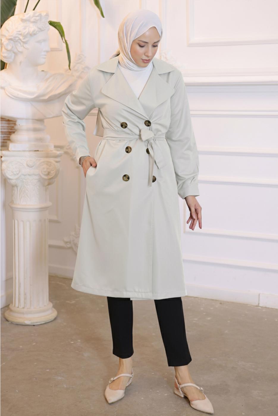 Tesettür giyim BEJ KRUVAZE YAKA KUŞAKLI TRENÇKOT T 3585