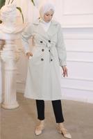 Tesettür giyim BEJ KRUVAZE YAKA KUŞAKLI TRENÇKOT T 3585