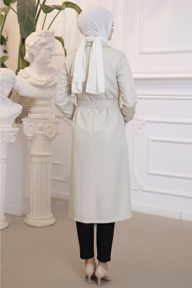 Tesettür giyim BEJ KRUVAZE YAKA KUŞAKLI TRENÇKOT T 3585 - TRENDTESETTÜR