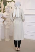 Tesettür giyim BEJ KRUVAZE YAKA KUŞAKLI TRENÇKOT T 3585