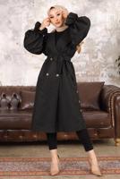 Tesettür giyim SİYAH KUŞAKLI DÜĞME DETAYLI TRENÇKOT T 36007