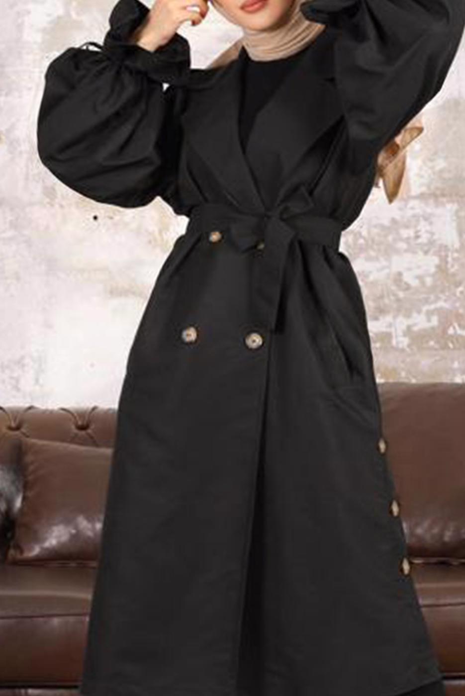 Tesettür giyim SİYAH KUŞAKLI DÜĞME DETAYLI TRENÇKOT T 36007
