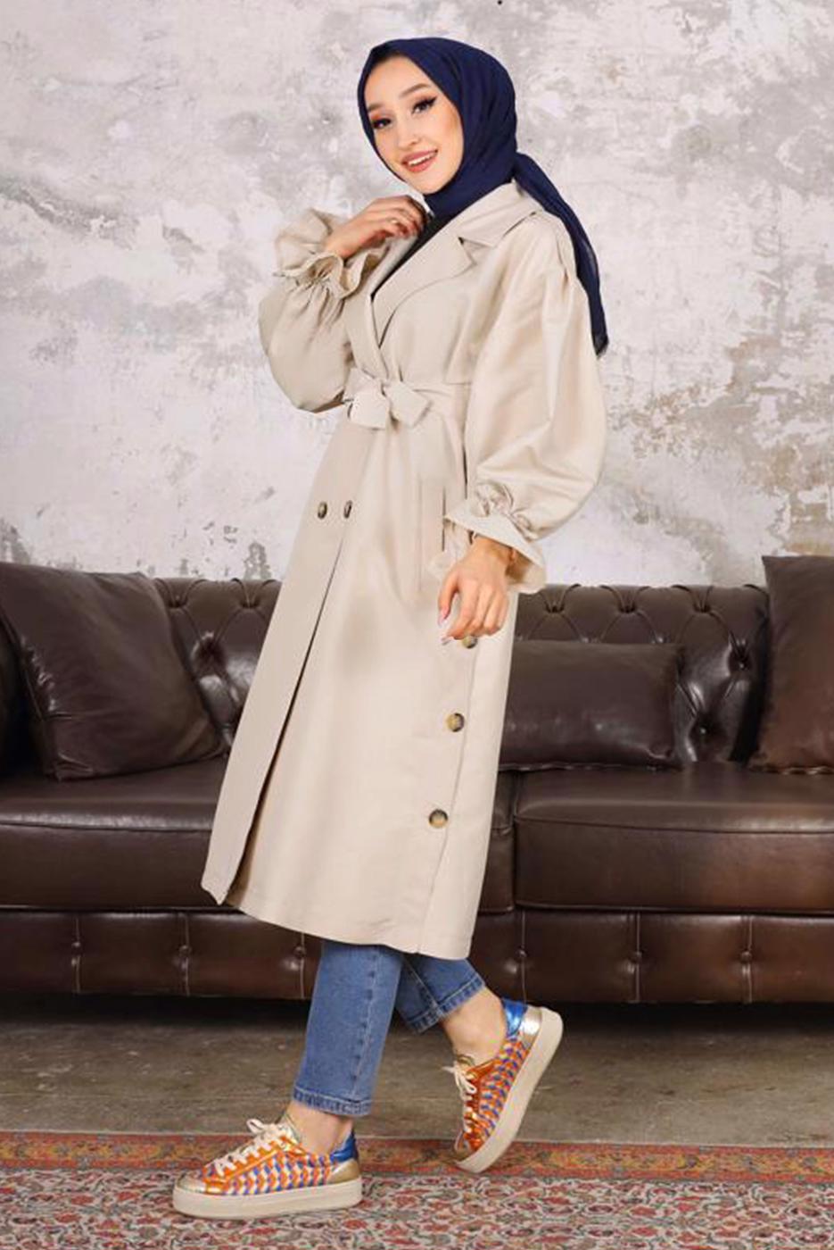 Tesettür giyim BEJ KUŞAKLI DÜĞME DETAYLI TRENÇKOT T 36007