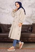 Tesettür giyim BEJ KUŞAKLI DÜĞME DETAYLI TRENÇKOT T 36007
