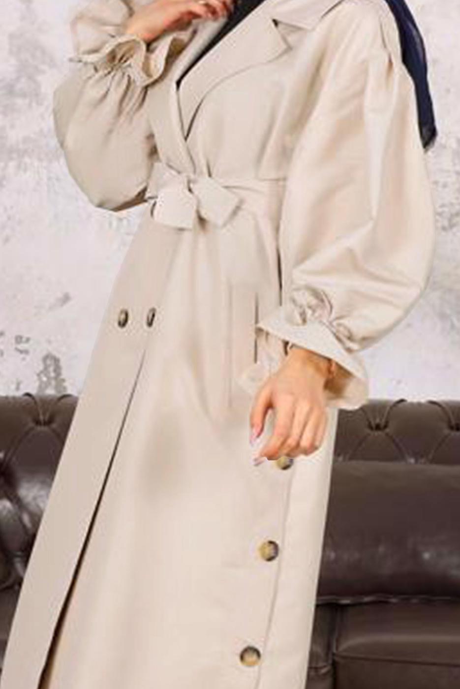 Tesettür giyim BEJ KUŞAKLI DÜĞME DETAYLI TRENÇKOT T 36007