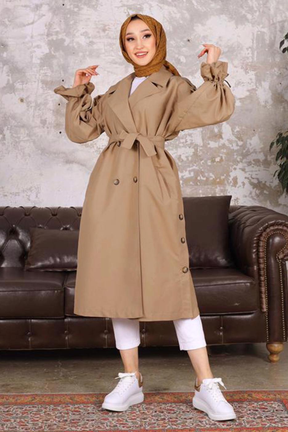 Tesettür giyim KAHVE KUŞAKLI DÜĞME DETAYLI TRENÇKOT T 36007