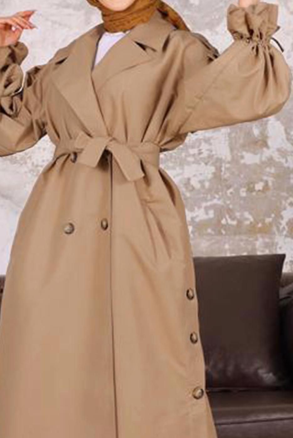 Tesettür giyim KAHVE KUŞAKLI DÜĞME DETAYLI TRENÇKOT T 36007