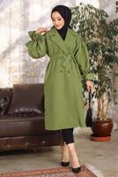 Tesettür giyim HAKİ KUŞAKLI DÜĞME DETAYLI TRENÇKOT T 36007