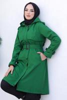 Tesettür giyim YEŞİL KAPÜŞONLU KEMERLİ DÜĞME DETAYLI TRENÇKOT T 39002