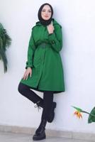 Tesettür giyim YEŞİL KAPÜŞONLU KEMERLİ DÜĞME DETAYLI TRENÇKOT T 39002
