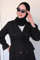 Tesettür giyim SİYAH KOLU BÜZGÜLÜ KUŞAKLI TRENÇKOT T 4131