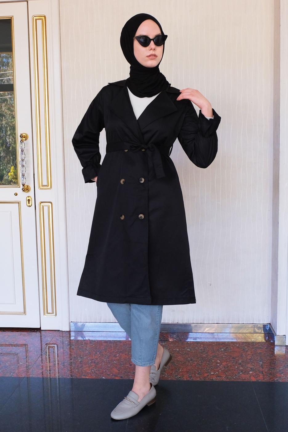 Tesettür giyim SİYAH KOLU BÜZGÜLÜ KUŞAKLI TRENÇKOT T 4131