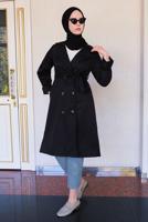 Tesettür giyim SİYAH KOLU BÜZGÜLÜ KUŞAKLI TRENÇKOT T 4131