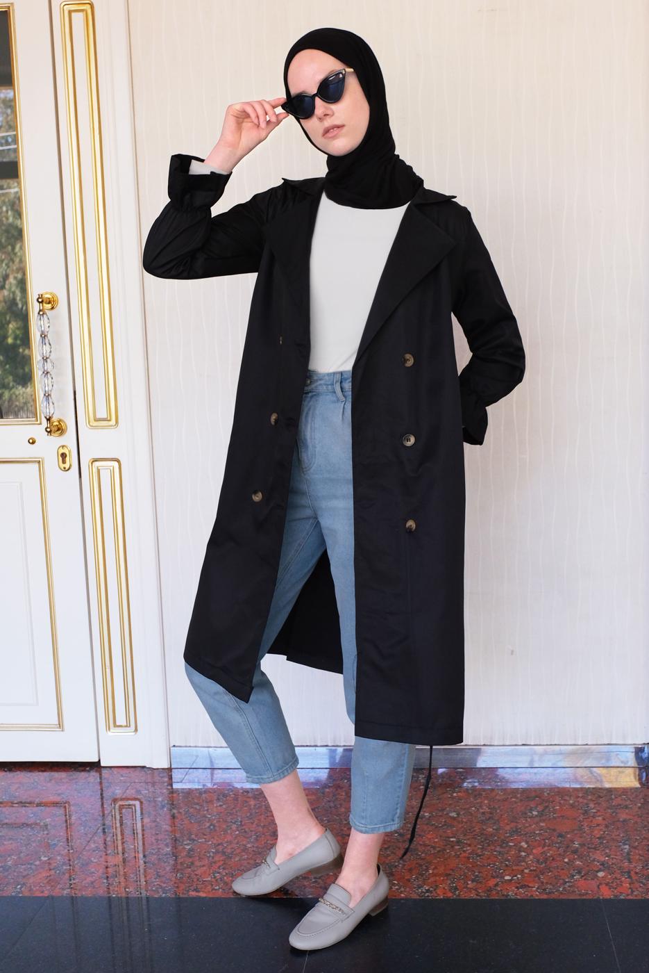 Tesettür giyim SİYAH KOLU BÜZGÜLÜ KUŞAKLI TRENÇKOT T 4131