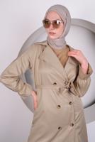 Tesettür giyim BEJ KOLU BÜZGÜLÜ KUŞAKLI TRENÇKOT T 4131