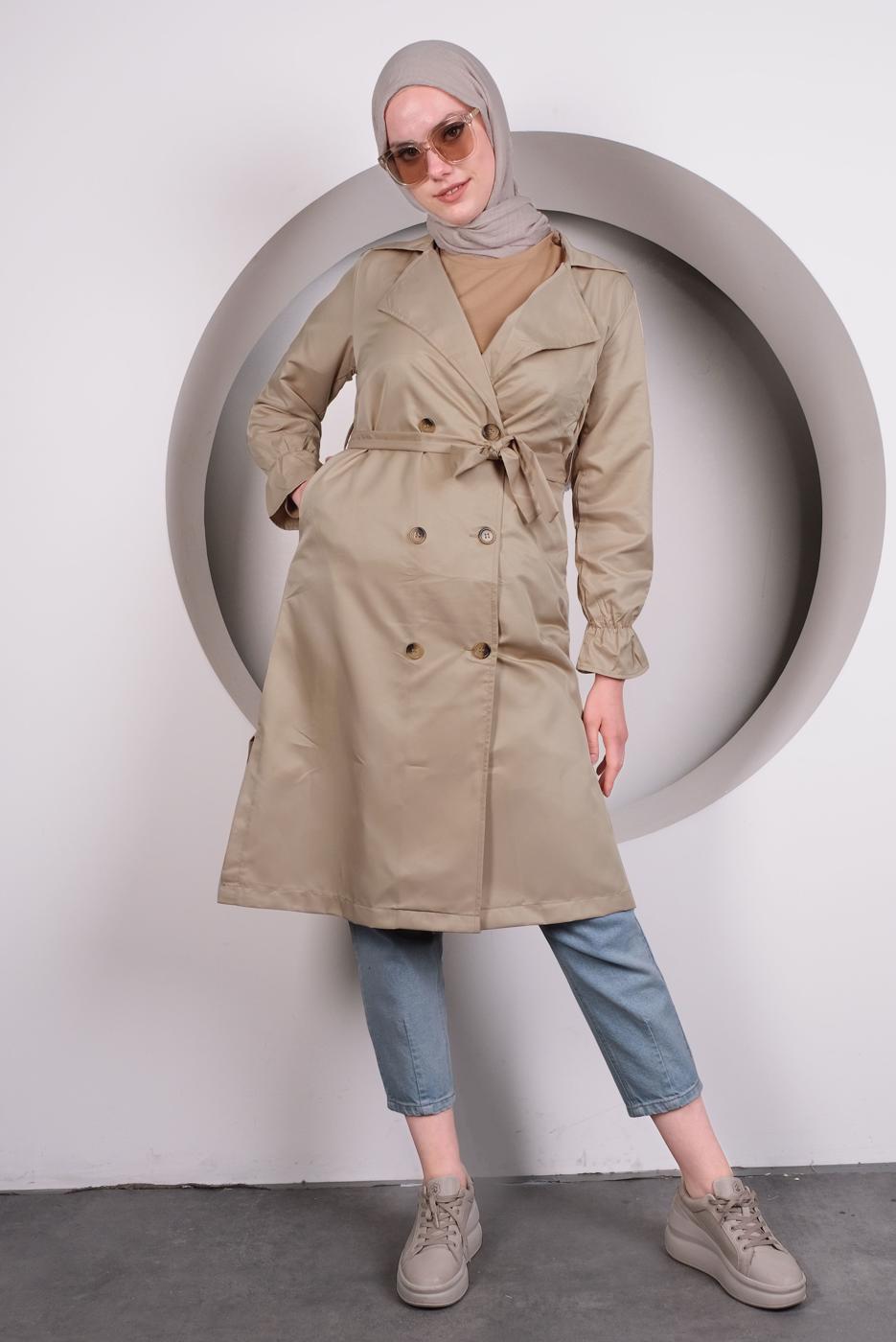 Tesettür giyim BEJ KOLU BÜZGÜLÜ KUŞAKLI TRENÇKOT T 4131
