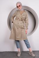 Tesettür giyim BEJ KOLU BÜZGÜLÜ KUŞAKLI TRENÇKOT T 4131