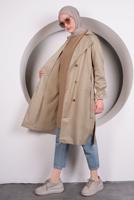 Tesettür giyim BEJ KOLU BÜZGÜLÜ KUŞAKLI TRENÇKOT T 4131