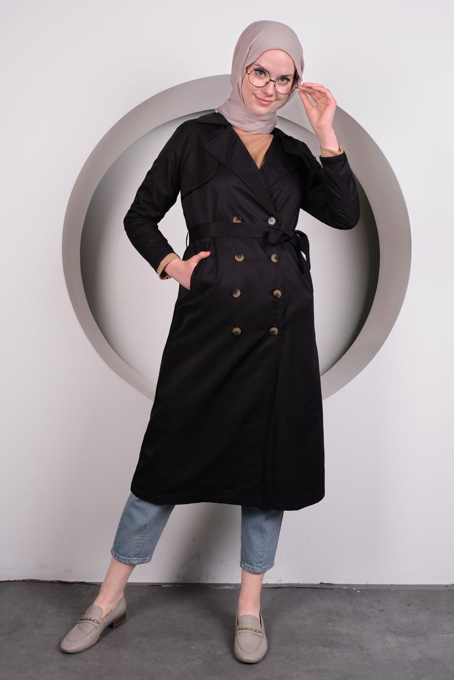 Tesettür giyim SİYAH KUŞAKLI KRUVAZE YAKA TRENÇKOT T 4132