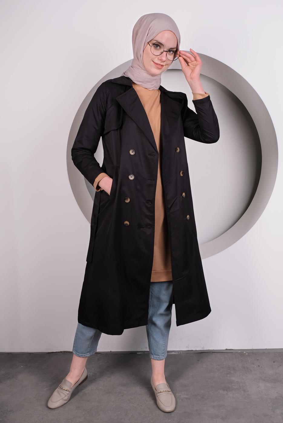 Tesettür giyim SİYAH KUŞAKLI KRUVAZE YAKA TRENÇKOT T 4132