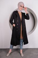 Tesettür giyim SİYAH KUŞAKLI KRUVAZE YAKA TRENÇKOT T 4132