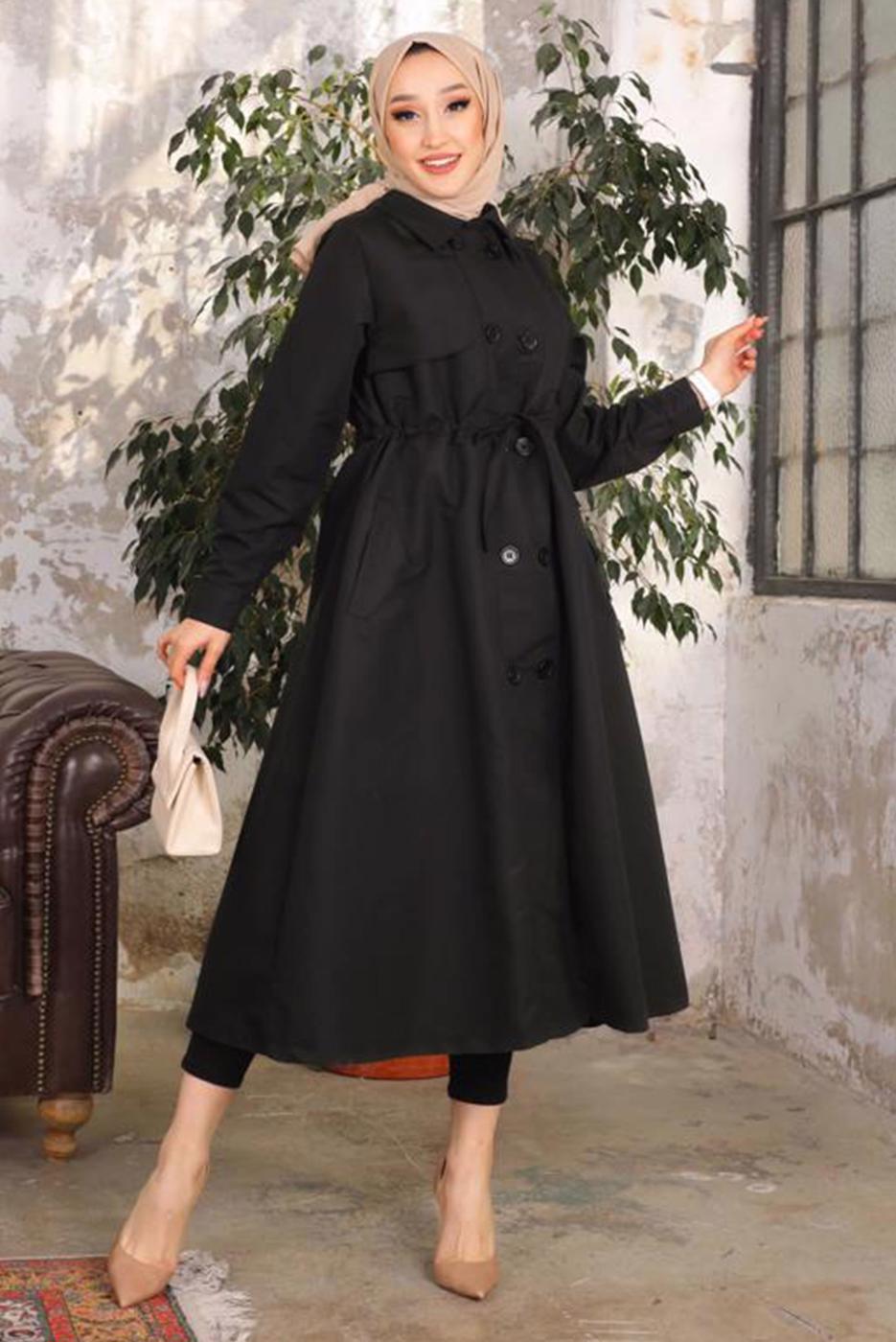 Vêtements hijab NOIR TRENCH TAILLE SMOCKING AVEC BOUTON T 66007