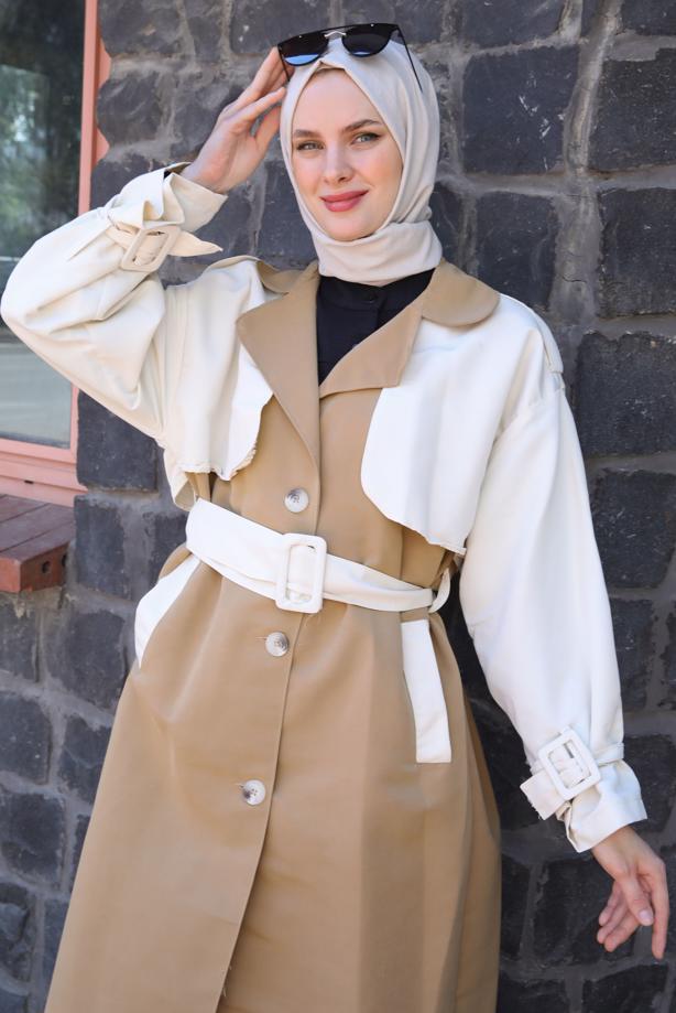 Vêtements hijab  DOUBLE COLORED BELTED TRENCH COAT WITH TABS T 90080 - TRENDTESETTÜR